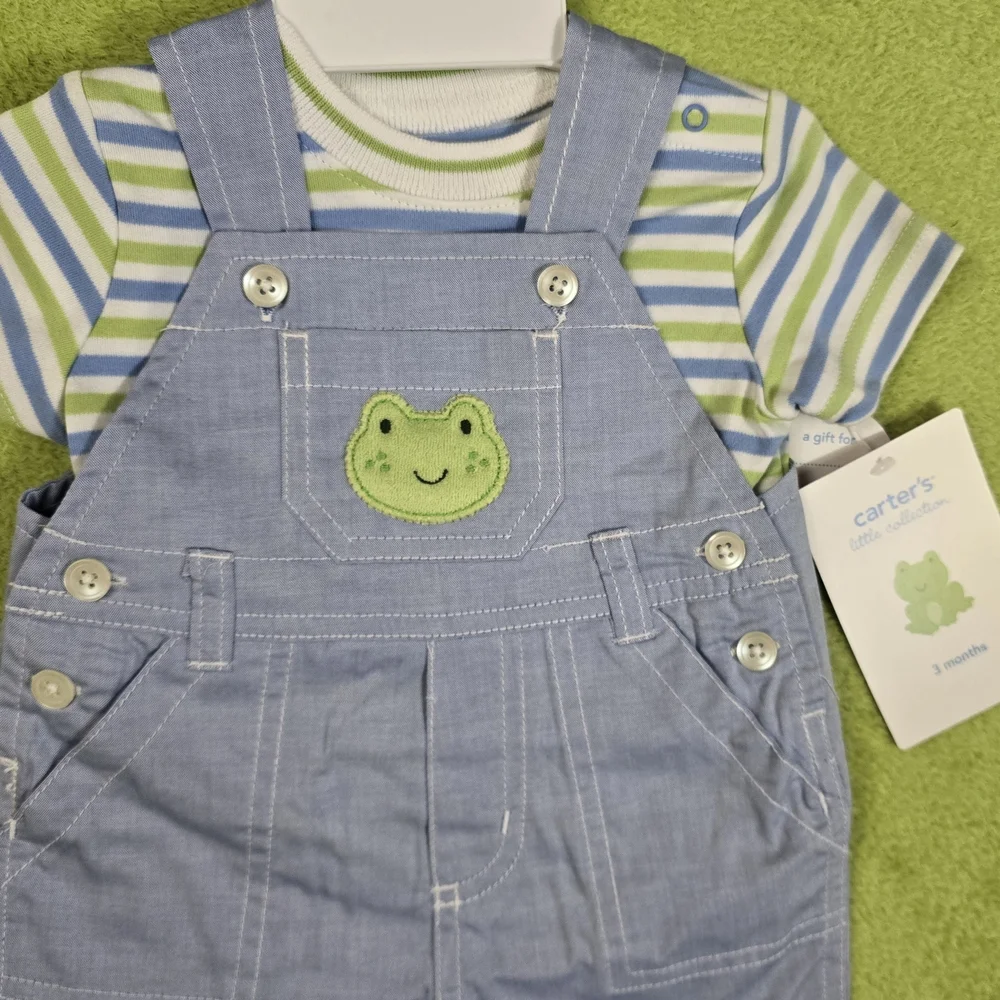 NWT 6-9M Baby BOYS OVERALLS + TEE SHIRT Carter's Blue + Green Frog 2P Set (Q2)